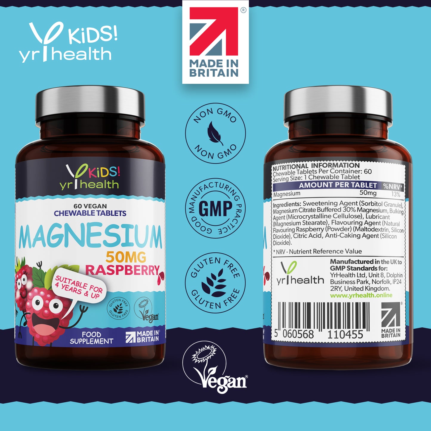 Kids Magnesium Tablets for Sleep, Anxiety and Ticks, 50mg Chewable Raspberry Flavour Magnesium for Kids, Vegan Society Registered Tablets not Gummies, 2 Months Supply