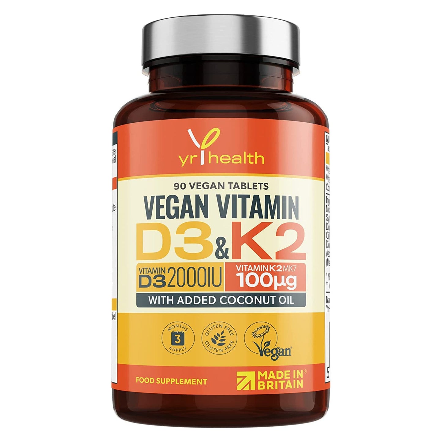 Vegan Vitamin D3 K2 Tablets High Strength & Coconut Oil for Absorption - Vitamin D 2000iu & Vitamin K2 Mk7 100mcg Plant Based Supplement for Immune System, Bones, Blood Calcium Levels