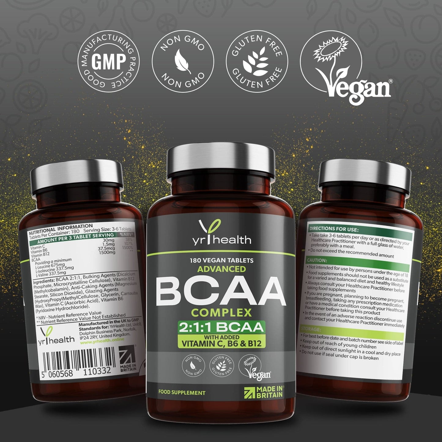 2:1:1 BCAAs Branch Chain Amino Acids + Vitamin C, B6 and B12 - 180 Vegan Capsules