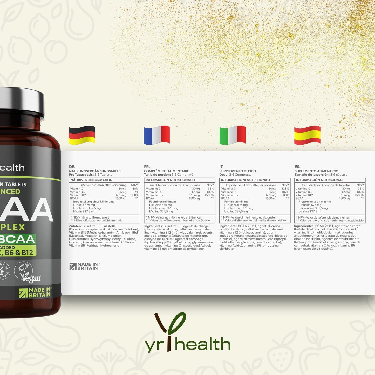 2:1:1 BCAAs Branch Chain Amino Acids + Vitamin C, B6 and B12 - 180 Vegan Capsules