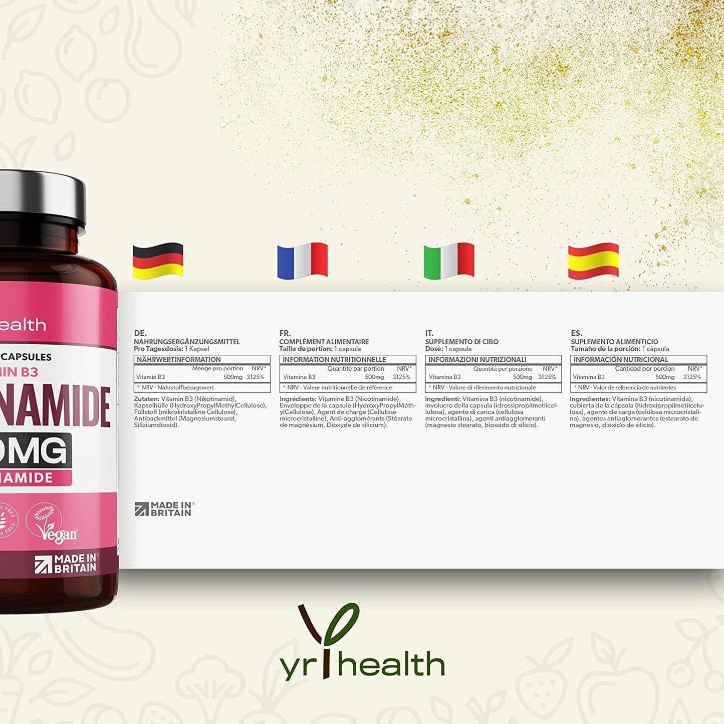 Vitamin B3 Nicotinamide, Niacinamide 500mg - 90 Vegan Niacin B3 Capsules Flush Free, for Skin, Energy Yielding Metabolism, Tiredness & Fatigue, One A Day, 3 Months Supply
