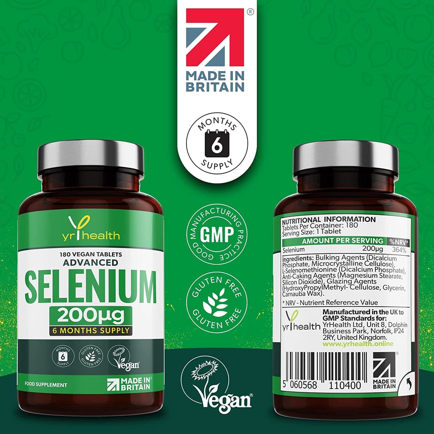 Selenium 200mcg Tablets - 180 Vegan Society Registered Pills, for Thyroid and Immune Health, Hair, Skin and Nails - 6 Month Supply Tablets Not Capsules