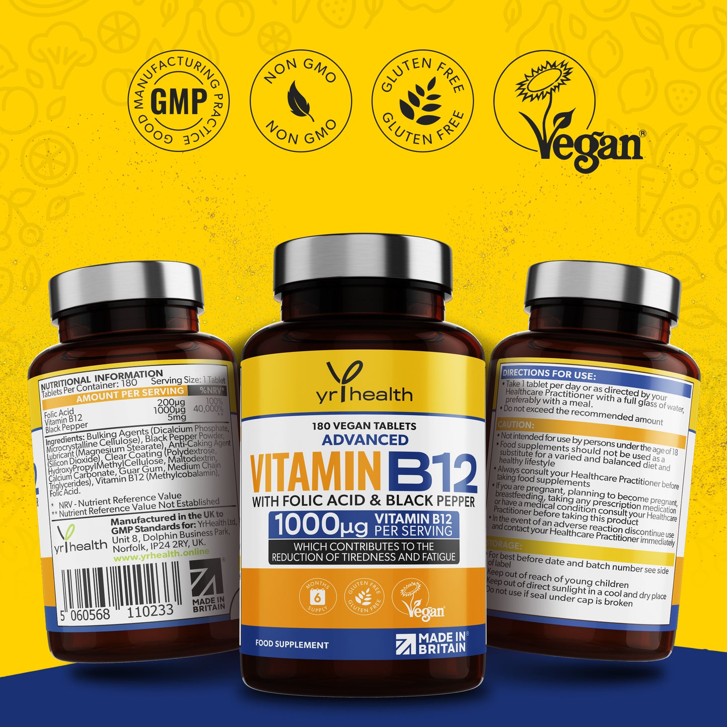 Advanced Vitamin B12 with Folic Acid & Black Pepper (1000mcg) 6 Month Supply