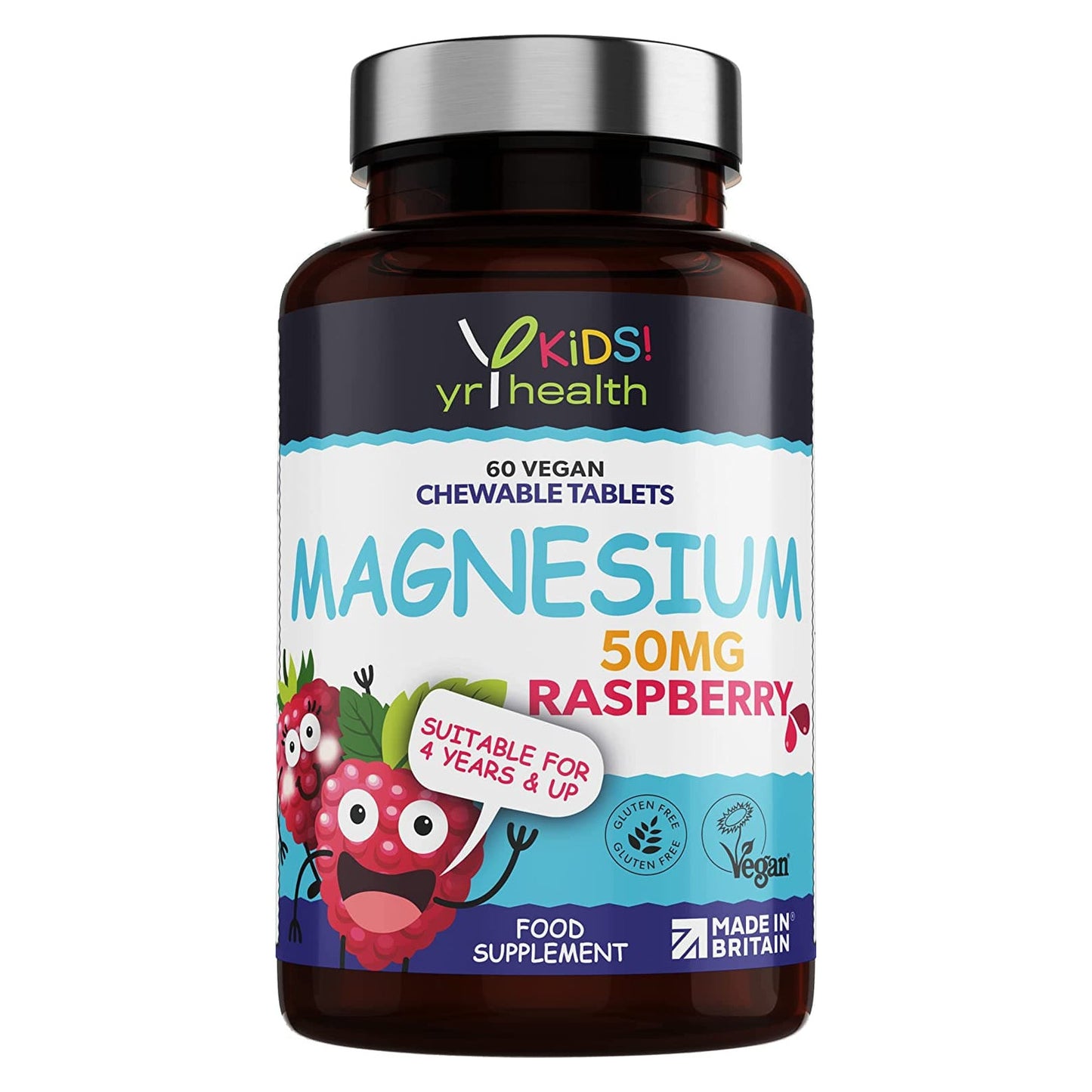 Kids Magnesium Tablets for Sleep, Anxiety and Ticks, 50mg Chewable Raspberry Flavour Magnesium for Kids, Vegan Society Registered Tablets not Gummies, 2 Months Supply