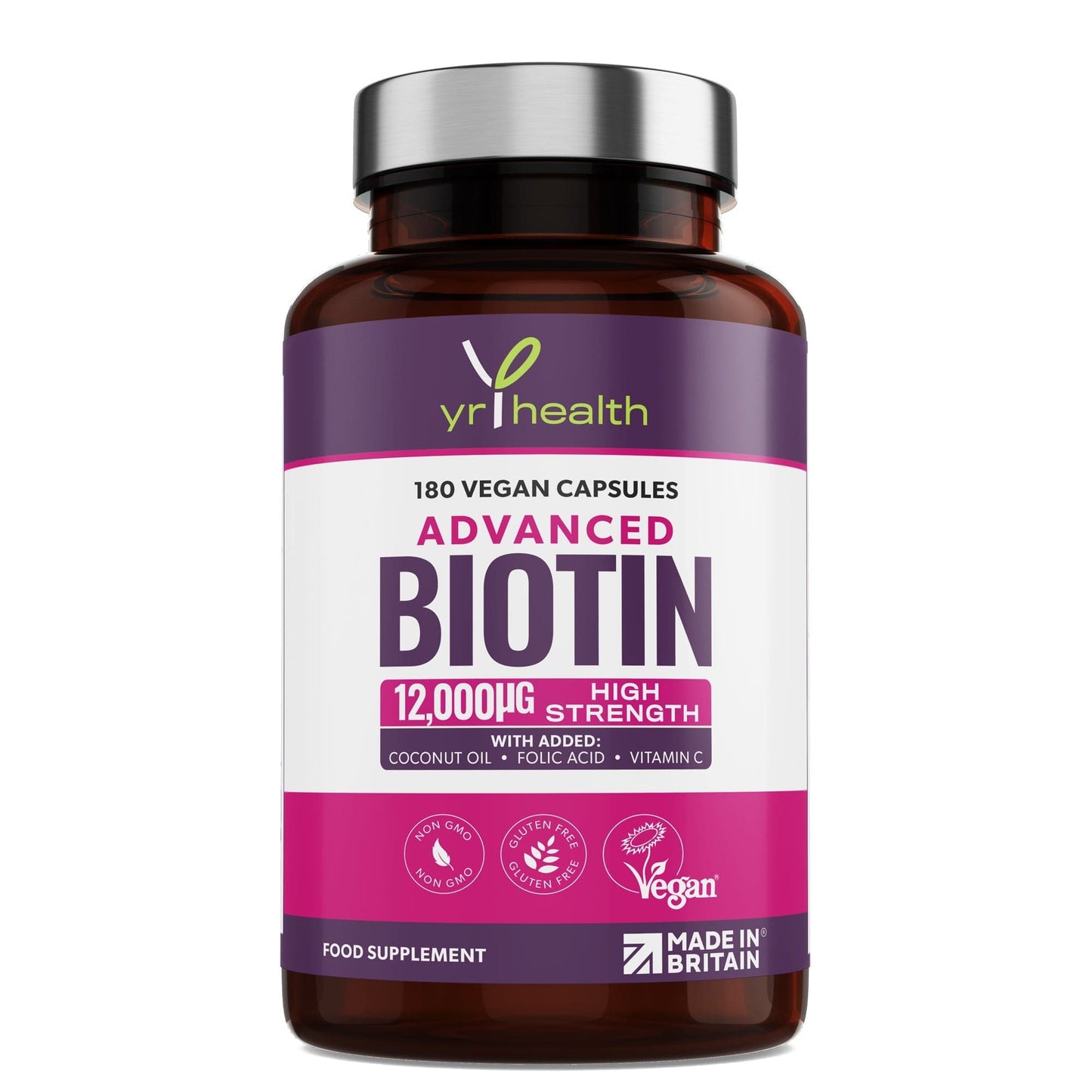 Advanced Biotin 12,000µg Complex with Added Coconut Oil, Folic Acid & Vitamin C - 180 Vegan Capsules