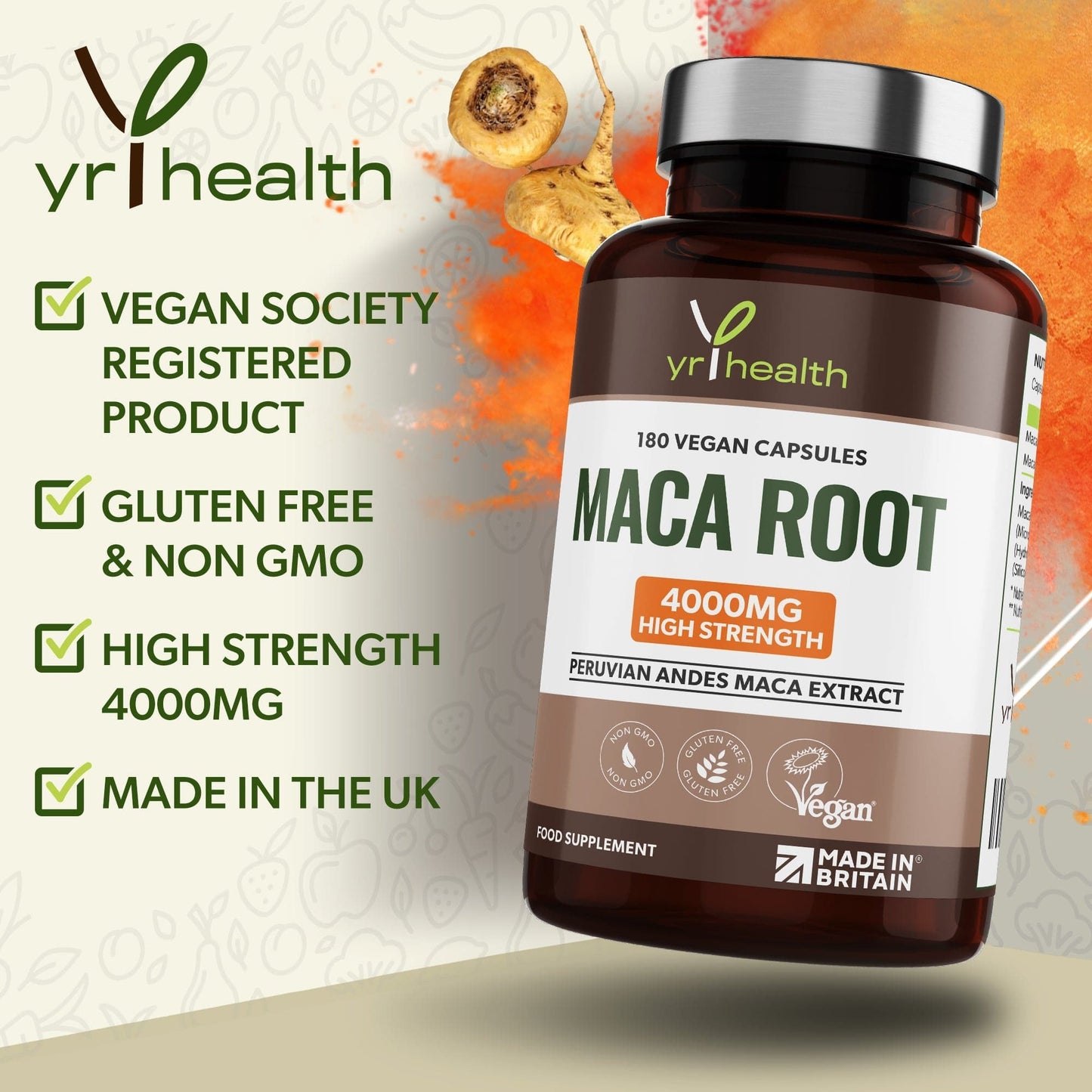 Load image into Gallery viewer, Highest Strength 4000mg Peruvian Andes Maca Root Extract  - 180 Vegan Capsules
