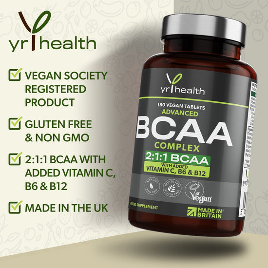 2:1:1 BCAAs Branch Chain Amino Acids + Vitamin C, B6 and B12 - 180 Vegan Capsules