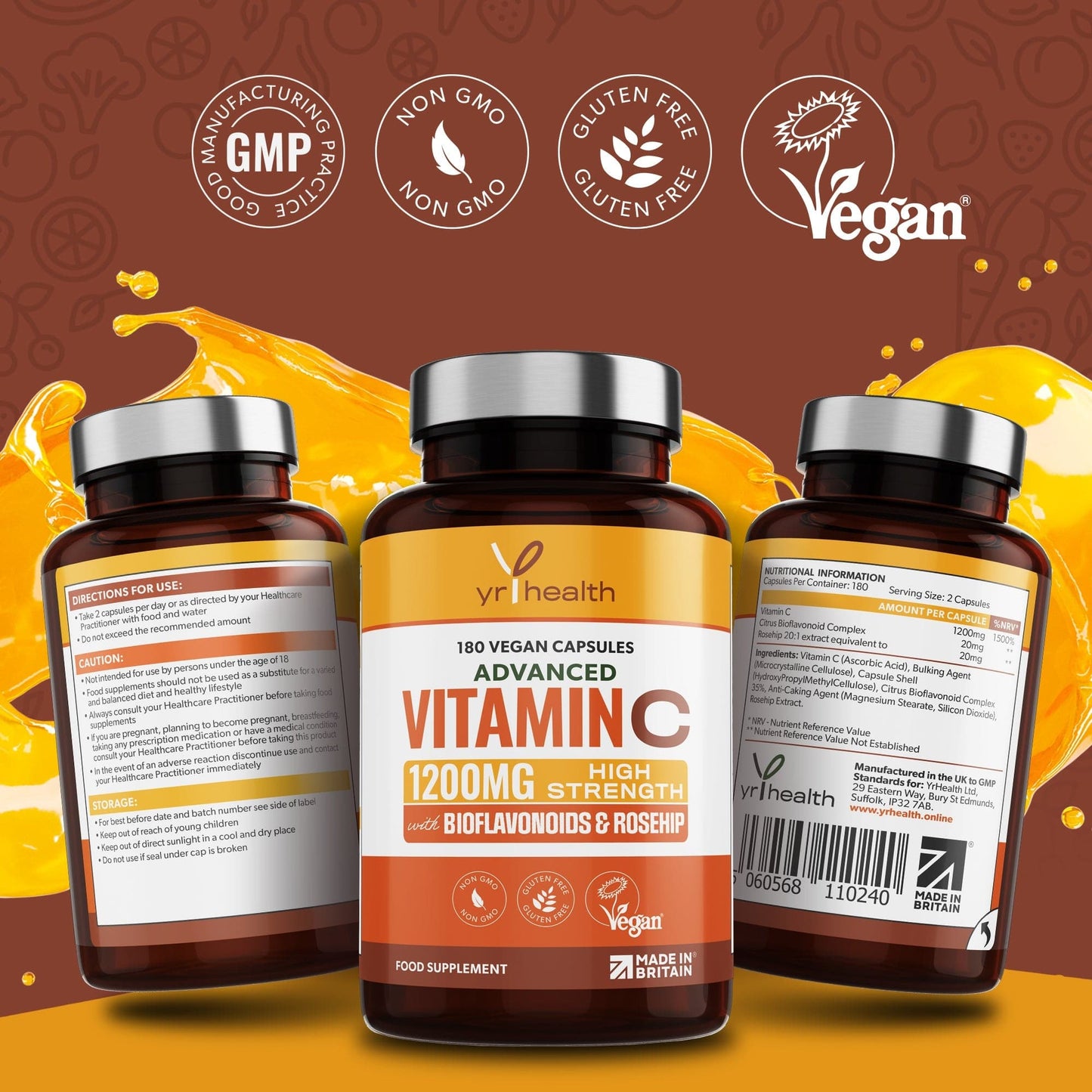Advanced Vitamin C 1200mg with Bioflavonoids & Roship - 180 Vegan Capsules
