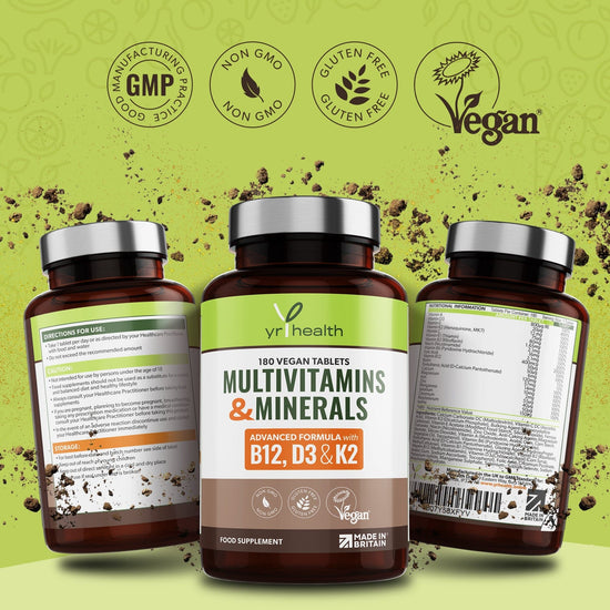 Advanced Vegan Multivitamins & Minerals High in B12, D3 with Added Vitamin K2 - 180 Tablets