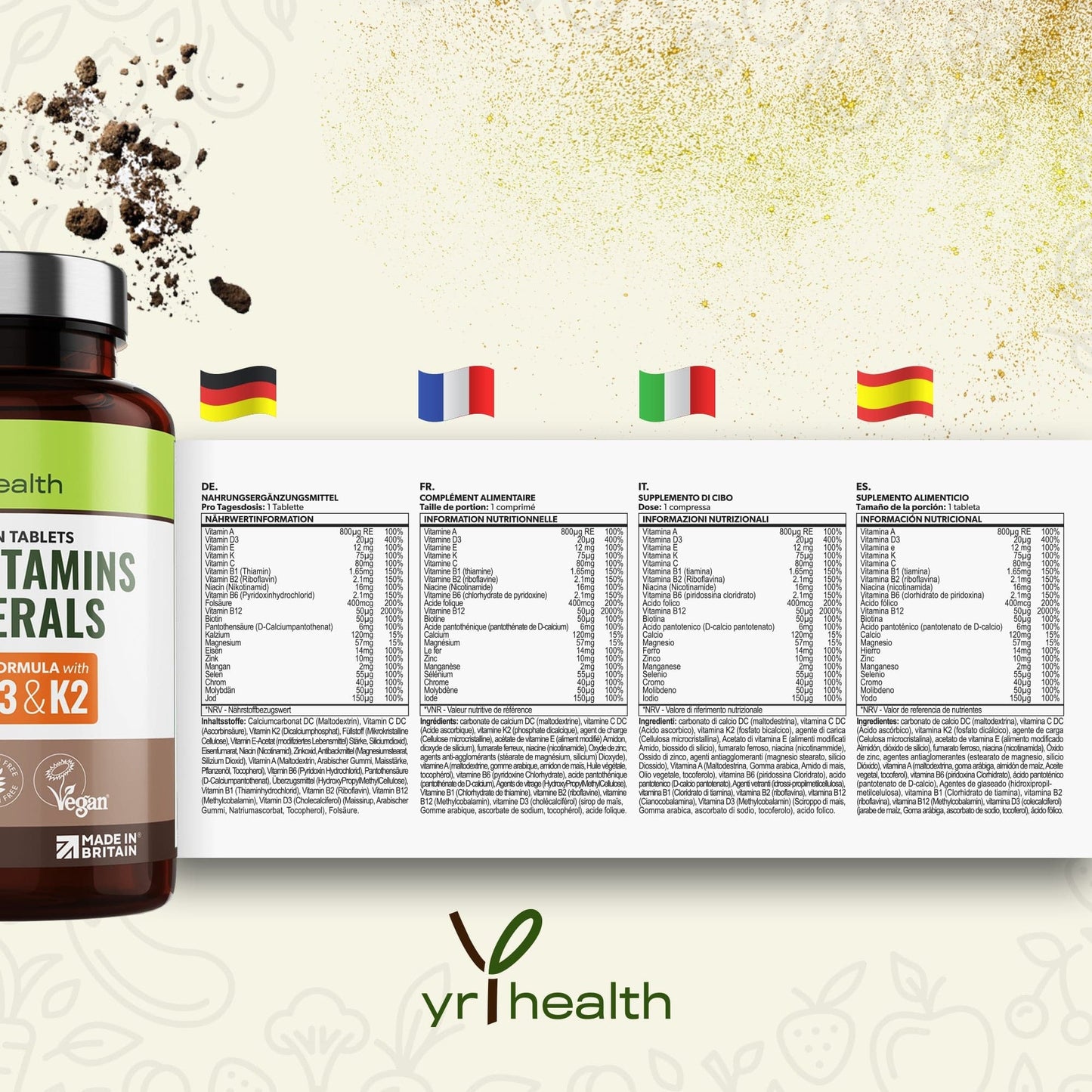 Advanced Vegan Multivitamins & Minerals High in B12, D3 with Added Vitamin K2 - 180 Tablets