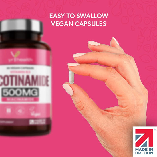 Vitamin B3 Nicotinamide, Niacinamide 500mg - 90 Vegan Niacin B3 Capsules Flush Free, for Skin, Energy Yielding Metabolism, Tiredness & Fatigue, One A Day, 3 Months Supply
