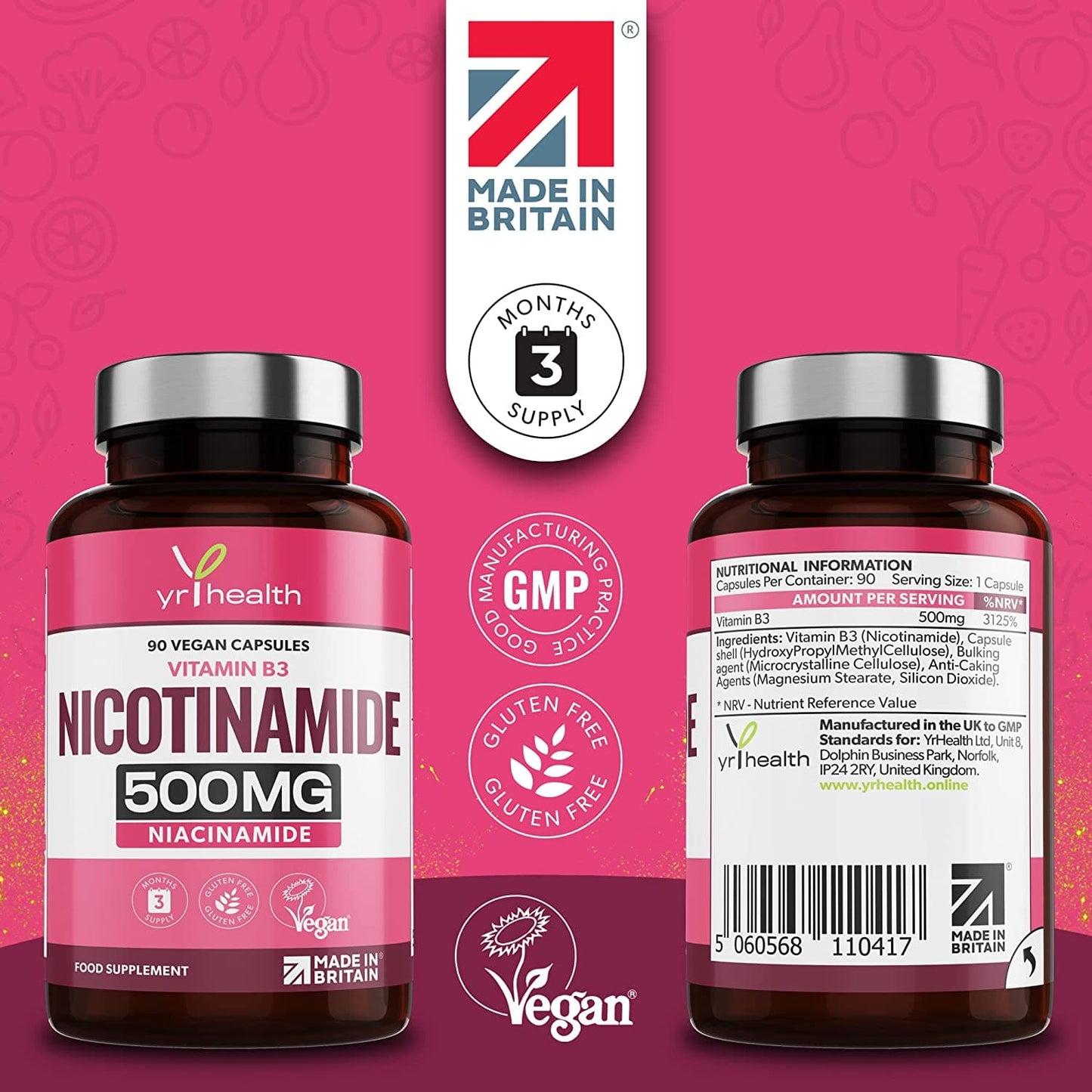 Vitamin B3 Nicotinamide, Niacinamide 500mg - 90 Vegan Niacin B3 Capsules Flush Free, for Skin, Energy Yielding Metabolism, Tiredness & Fatigue, One A Day, 3 Months Supply