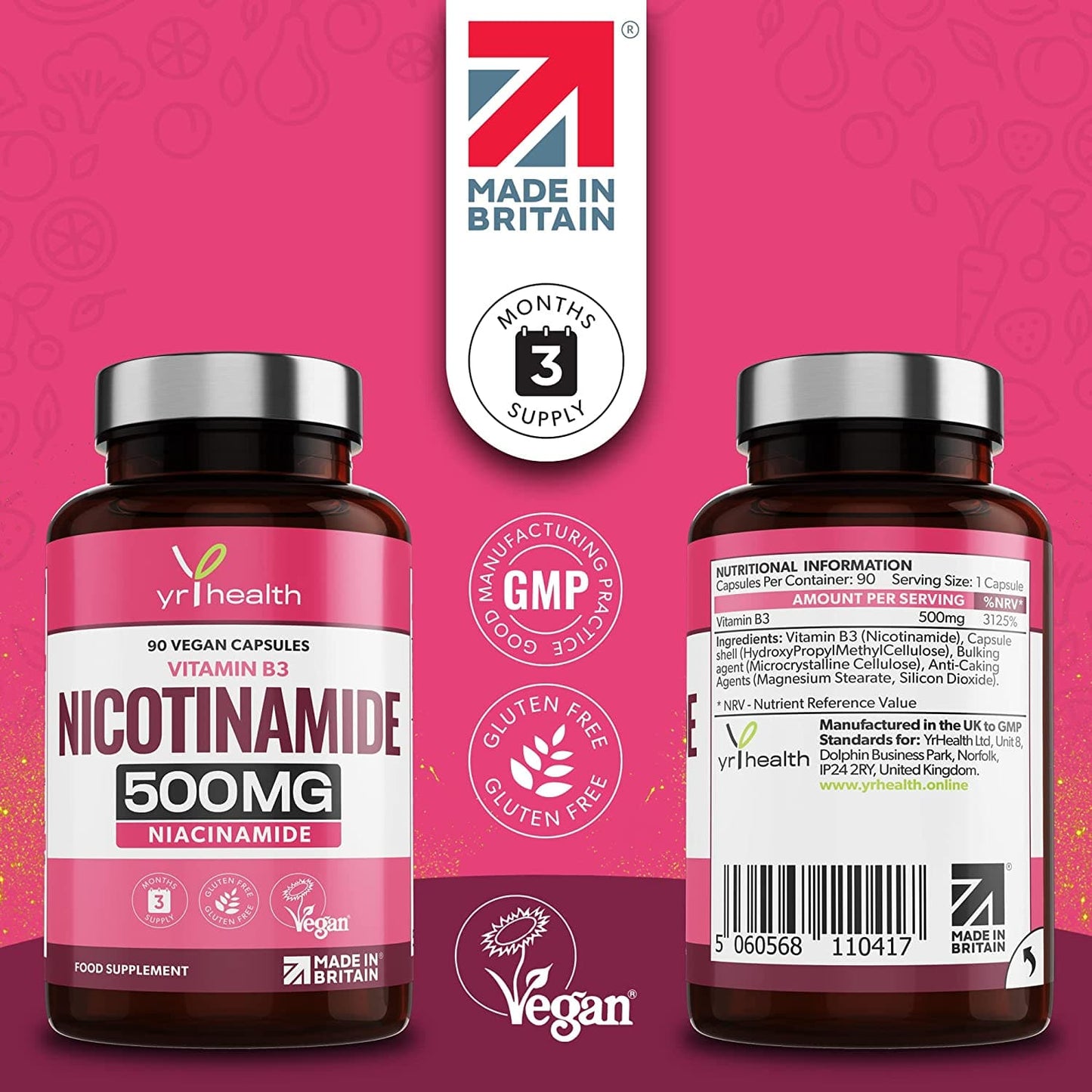 Load image into Gallery viewer, Vitamin B3 Nicotinamide, Niacinamide 500mg - 90 Vegan Niacin B3 Capsules Flush Free, for Skin, Energy Yielding Metabolism, Tiredness &amp;amp; Fatigue, One A Day, 3 Months Supply
