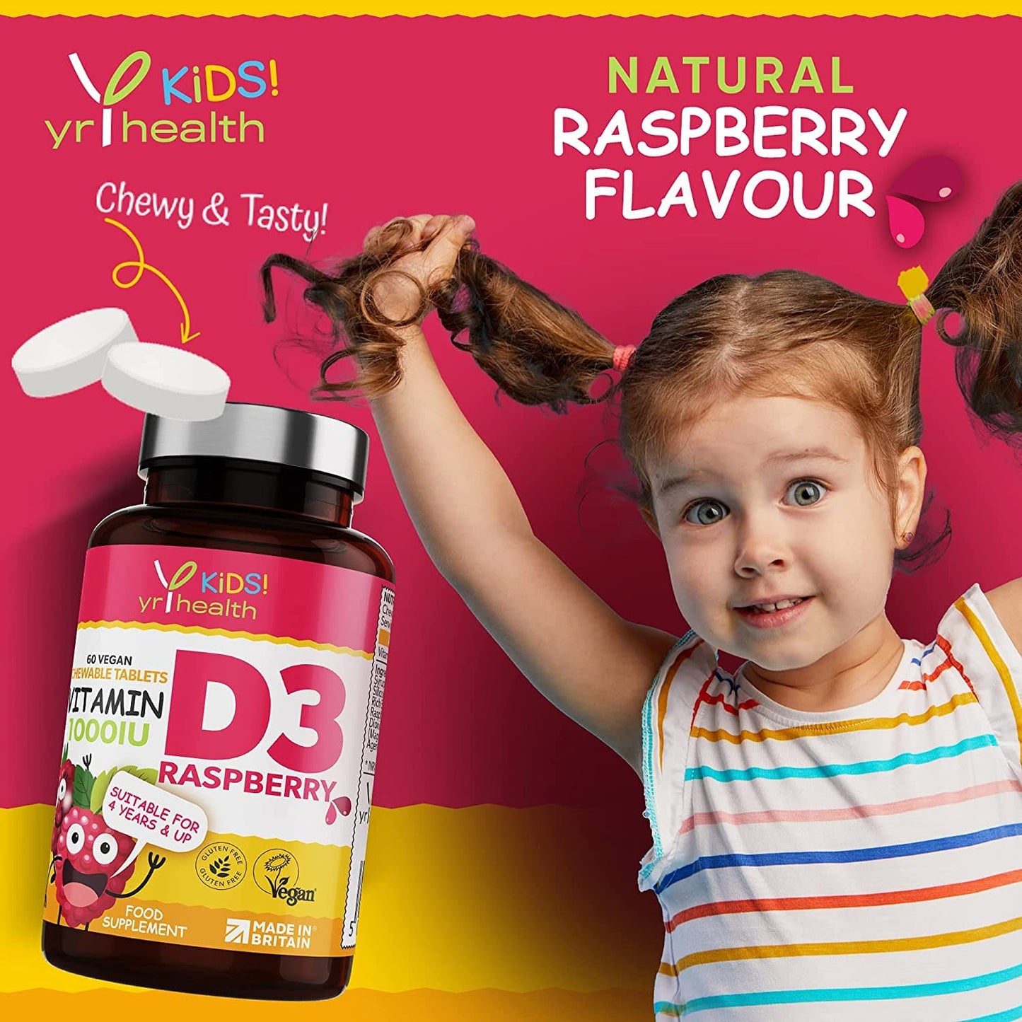 Kids Vitamin D3 1000 iu High Strength - Chewable Raspberry Flavour Vitamin D for Kids 4-12 Years, Vegan Society Registered Tablets not Gummies - 2 Months Supply