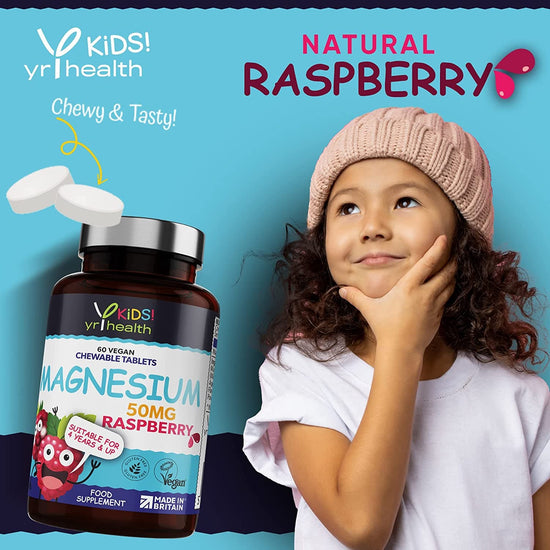 Load image into Gallery viewer, Kids Magnesium Tablets for Sleep, Anxiety and Ticks, 50mg Chewable Raspberry Flavour Magnesium for Kids, Vegan Society Registered Tablets not Gummies, 2 Months Supply
