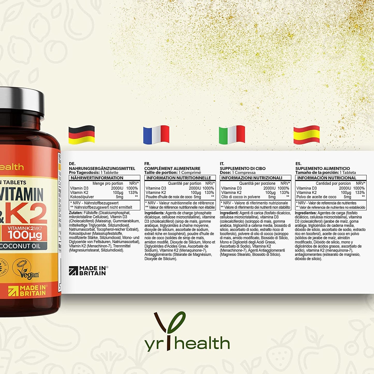 Vegan Vitamin D3 K2 Tablets High Strength & Coconut Oil for Absorption - Vitamin D 2000iu & Vitamin K2 Mk7 100mcg Plant Based Supplement for Immune System, Bones, Blood Calcium Levels