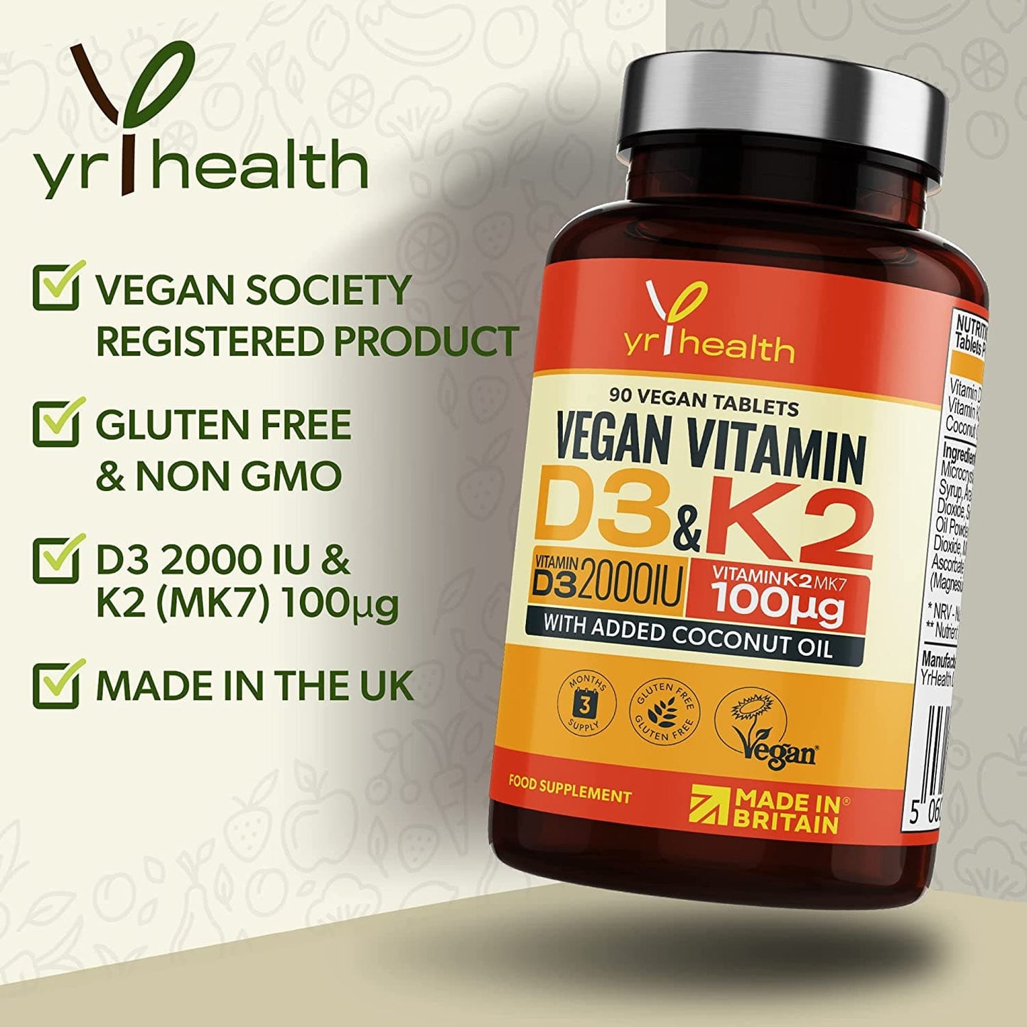 Vegan Vitamin D3 K2 Tablets High Strength & Coconut Oil for Absorption - Vitamin D 2000iu & Vitamin K2 Mk7 100mcg Plant Based Supplement for Immune System, Bones, Blood Calcium Levels