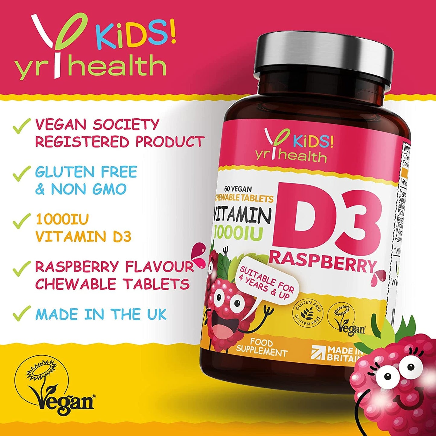 Kids Vitamin D3 1000 iu High Strength - Chewable Raspberry Flavour Vitamin D for Kids 4-12 Years, Vegan Society Registered Tablets not Gummies - 2 Months Supply