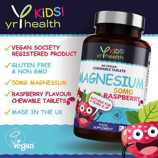 Load image into Gallery viewer, Kids Magnesium Tablets for Sleep, Anxiety and Ticks, 50mg Chewable Raspberry Flavour Magnesium for Kids, Vegan Society Registered Tablets not Gummies, 2 Months Supply
