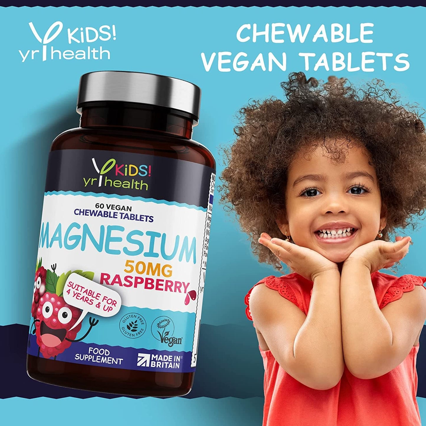 Kids Magnesium Tablets for Sleep, Anxiety and Ticks, 50mg Chewable Raspberry Flavour Magnesium for Kids, Vegan Society Registered Tablets not Gummies, 2 Months Supply
