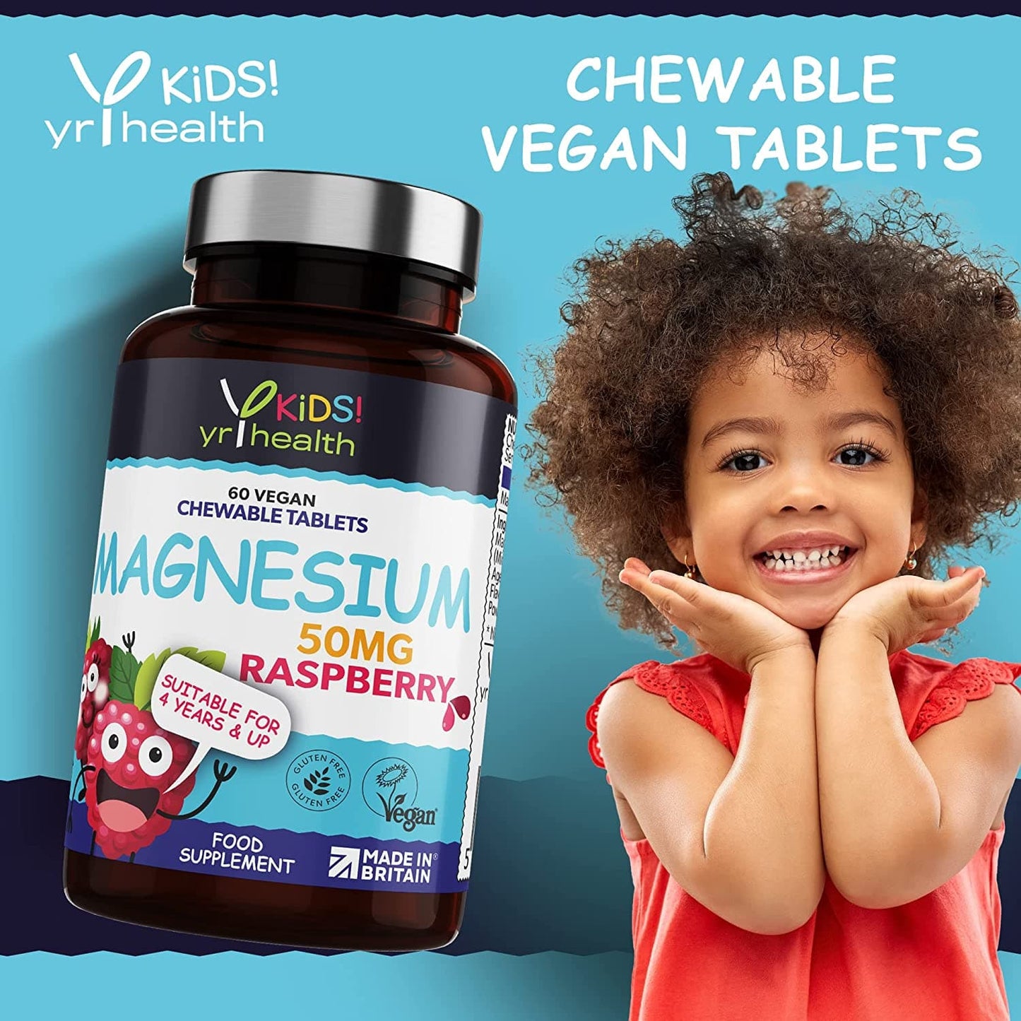 Load image into Gallery viewer, Kids Magnesium Tablets for Sleep, Anxiety and Ticks, 50mg Chewable Raspberry Flavour Magnesium for Kids, Vegan Society Registered Tablets not Gummies, 2 Months Supply
