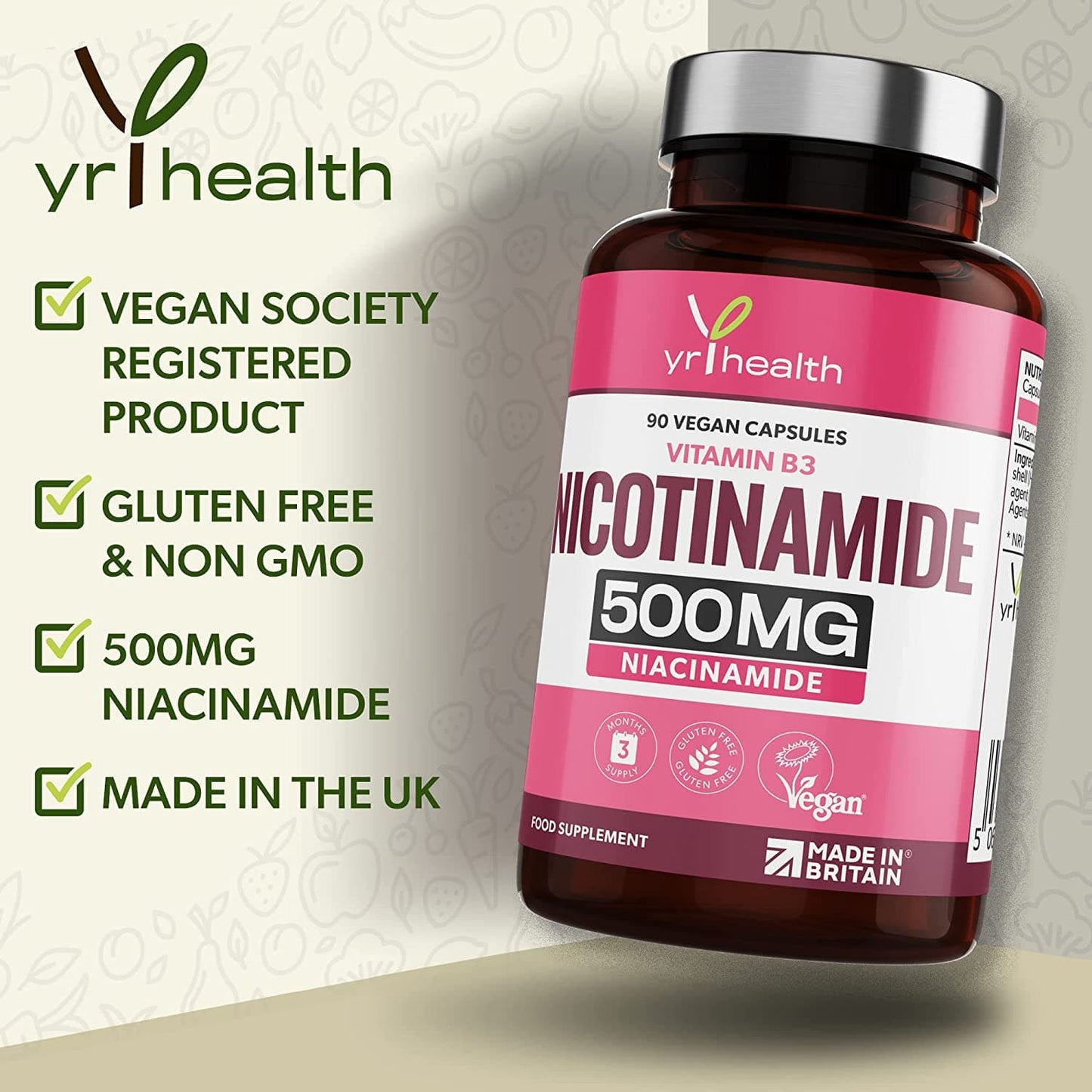Vitamin B3 Nicotinamide, Niacinamide 500mg - 90 Vegan Niacin B3 Capsules Flush Free, for Skin, Energy Yielding Metabolism, Tiredness & Fatigue, One A Day, 3 Months Supply
