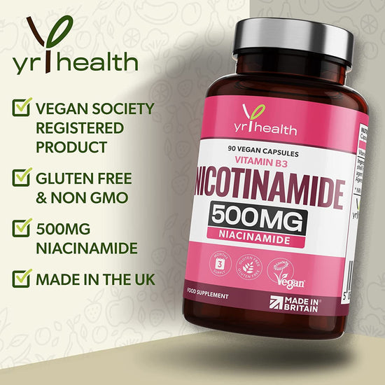 Vitamin B3 Nicotinamide, Niacinamide 500mg - 90 Vegan Niacin B3 Capsules Flush Free, for Skin, Energy Yielding Metabolism, Tiredness & Fatigue, One A Day, 3 Months Supply