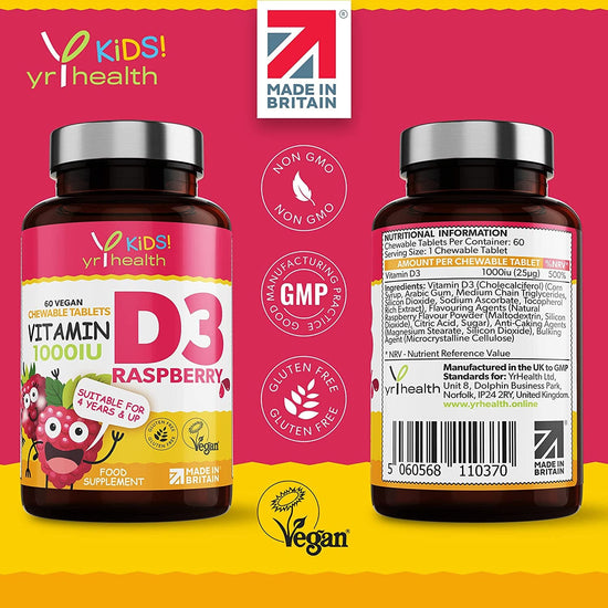 Kids Vitamin D3 1000 iu High Strength - Chewable Raspberry Flavour Vitamin D for Kids 4-12 Years, Vegan Society Registered Tablets not Gummies - 2 Months Supply