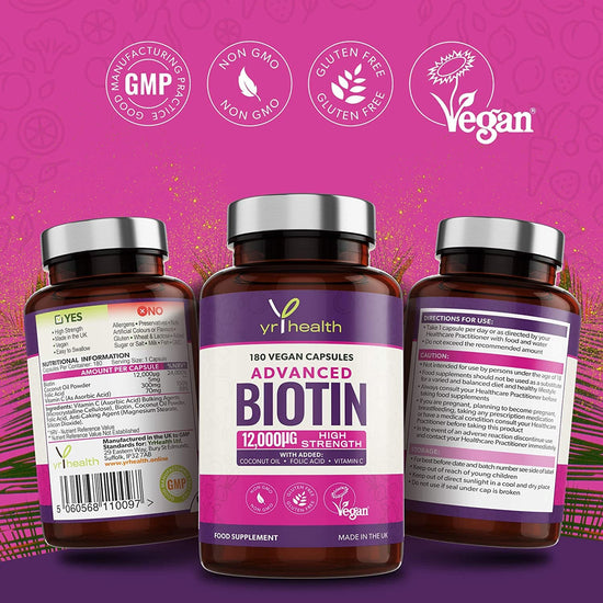 Load image into Gallery viewer, Advanced Biotin 12,000µg Complex with Added Coconut Oil, Folic Acid &amp;amp; Vitamin C - 180 Vegan Capsules
