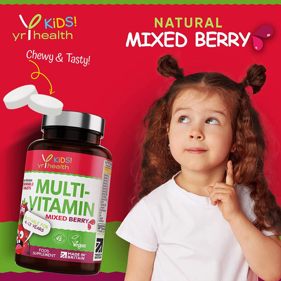 Kids Multivitamins and Minerals - Chewable Mixed Berry Flavour Multivitamin for Kids 4-12 Years, Vegan Society Registered Tablets not Gummies - 3 Months Supply