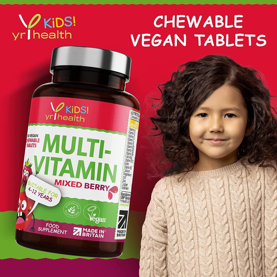 Kids Multivitamins and Minerals - Chewable Mixed Berry Flavour Multivitamin for Kids 4-12 Years, Vegan Society Registered Tablets not Gummies - 3 Months Supply