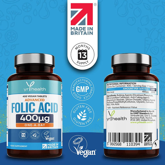 Folic Acid 400 mcg Tablets - 400 Vegan Vitamin B9 Tablets for Women, 13 Month Supply, Folic Acid Pregnancy for Normal Function of Immune System and Maternal Tissue Growth