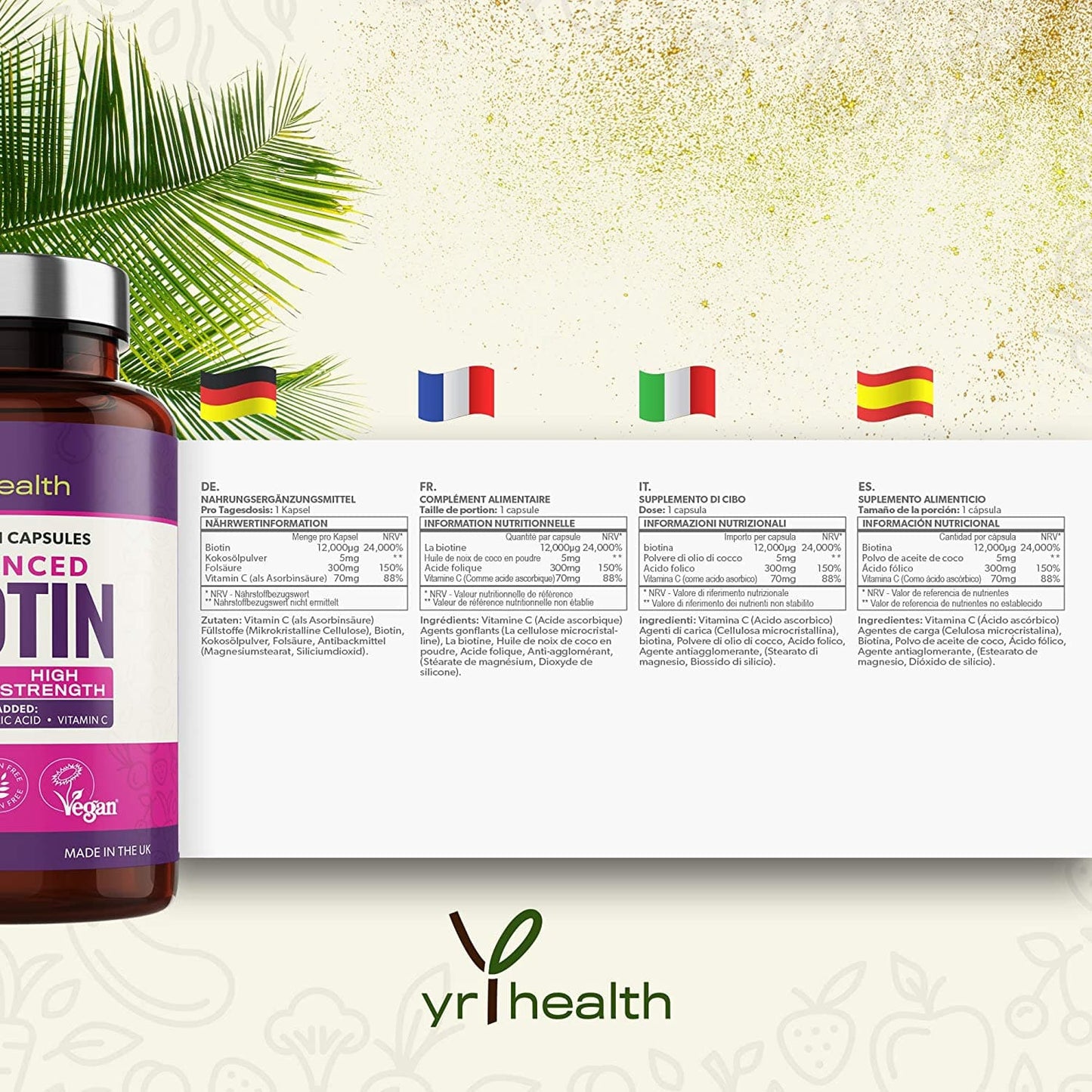 Advanced Biotin 12,000µg Complex with Added Coconut Oil, Folic Acid & Vitamin C - 180 Vegan Capsules