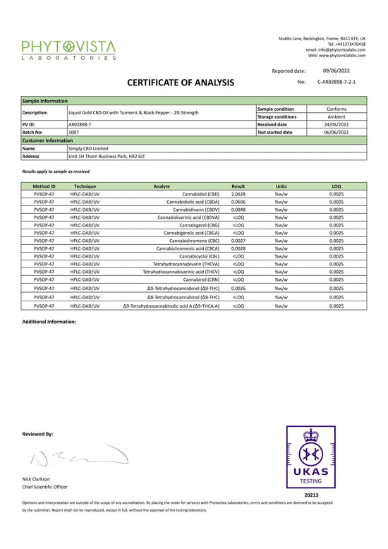Liquid Gold CBD Oil with Turmeric and Black Pepper - 2% Strength (30ml)